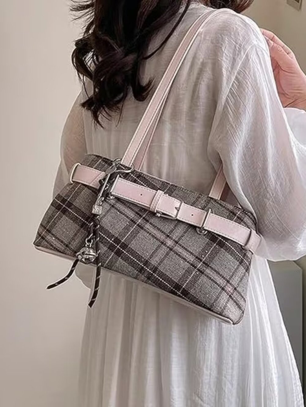 Plaid Pink & Beige & Brown Large Capacity Underarm Bag with Key Charm